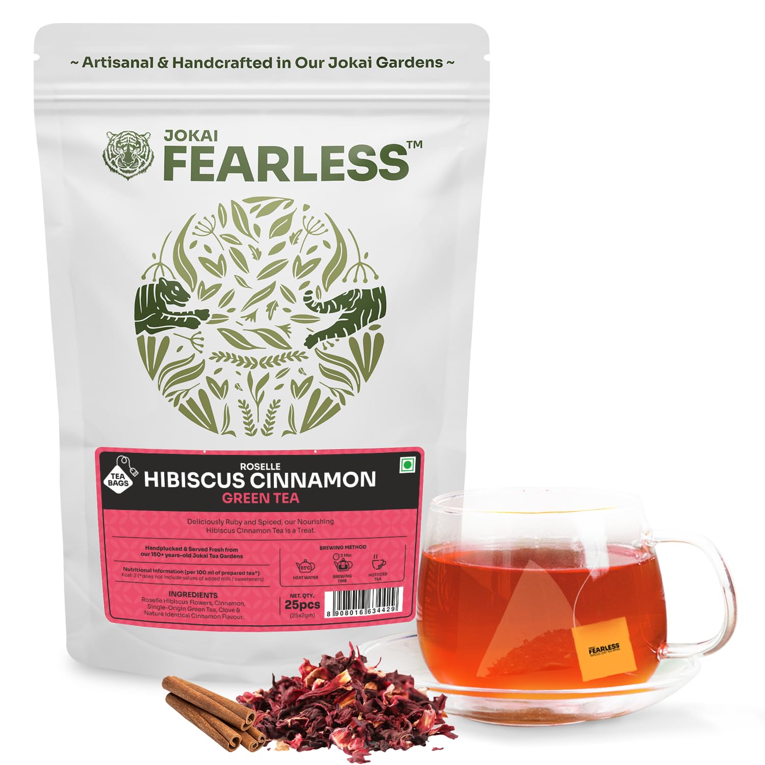 Fearless Hibiscus Cinnamon Green Tea Bags 25 pcs | Real Hibiscus Flowers, No Dust | Delicious Red Tea | No Artificial Colours | Brew Hot or Cold