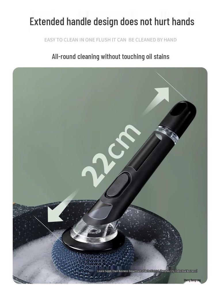 Long Handle Dishwashing Brush with Automatic Liquid Dispensing, Sponge, and Steel Wire for Pot Cleaning