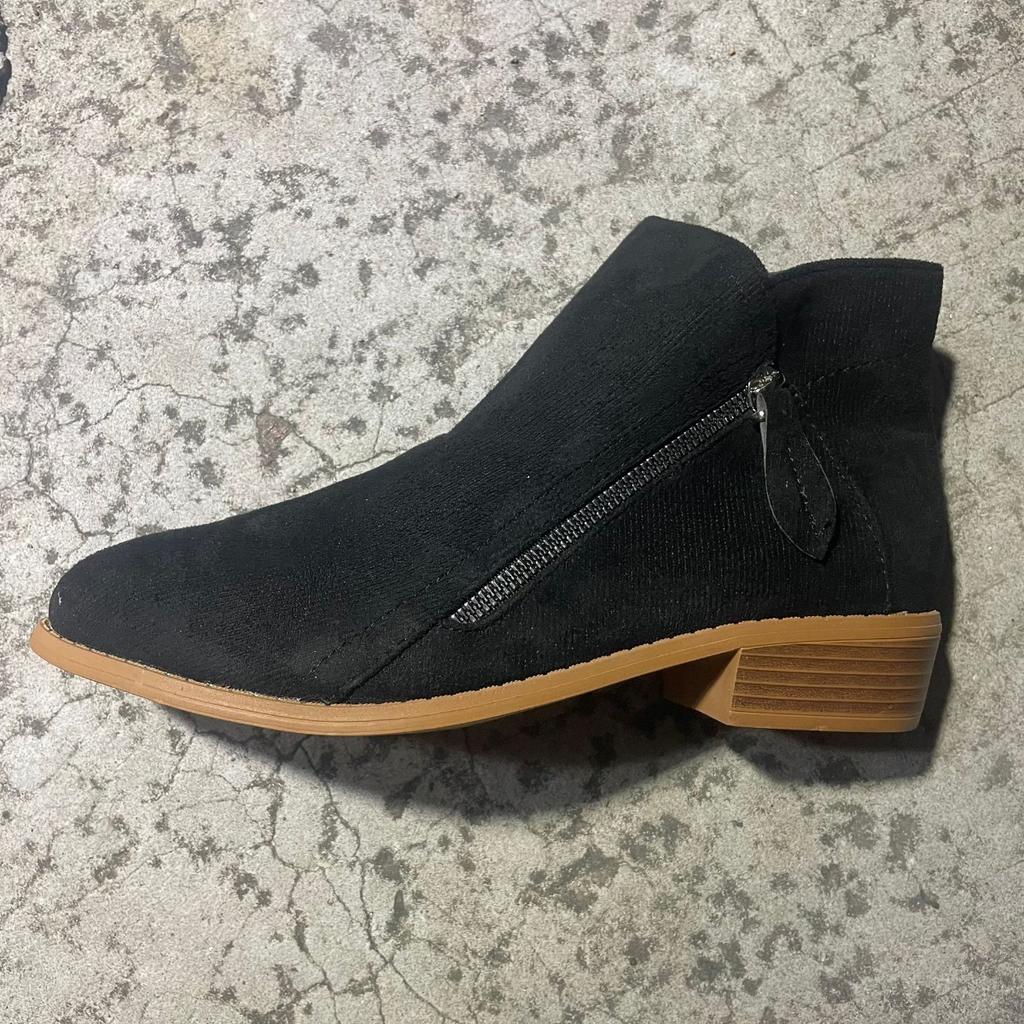 Women's Shoes, Women's Boots, Suede, Round Toe, Side Zipper, Thick Heel, Leather Boots, Women's Short Boots