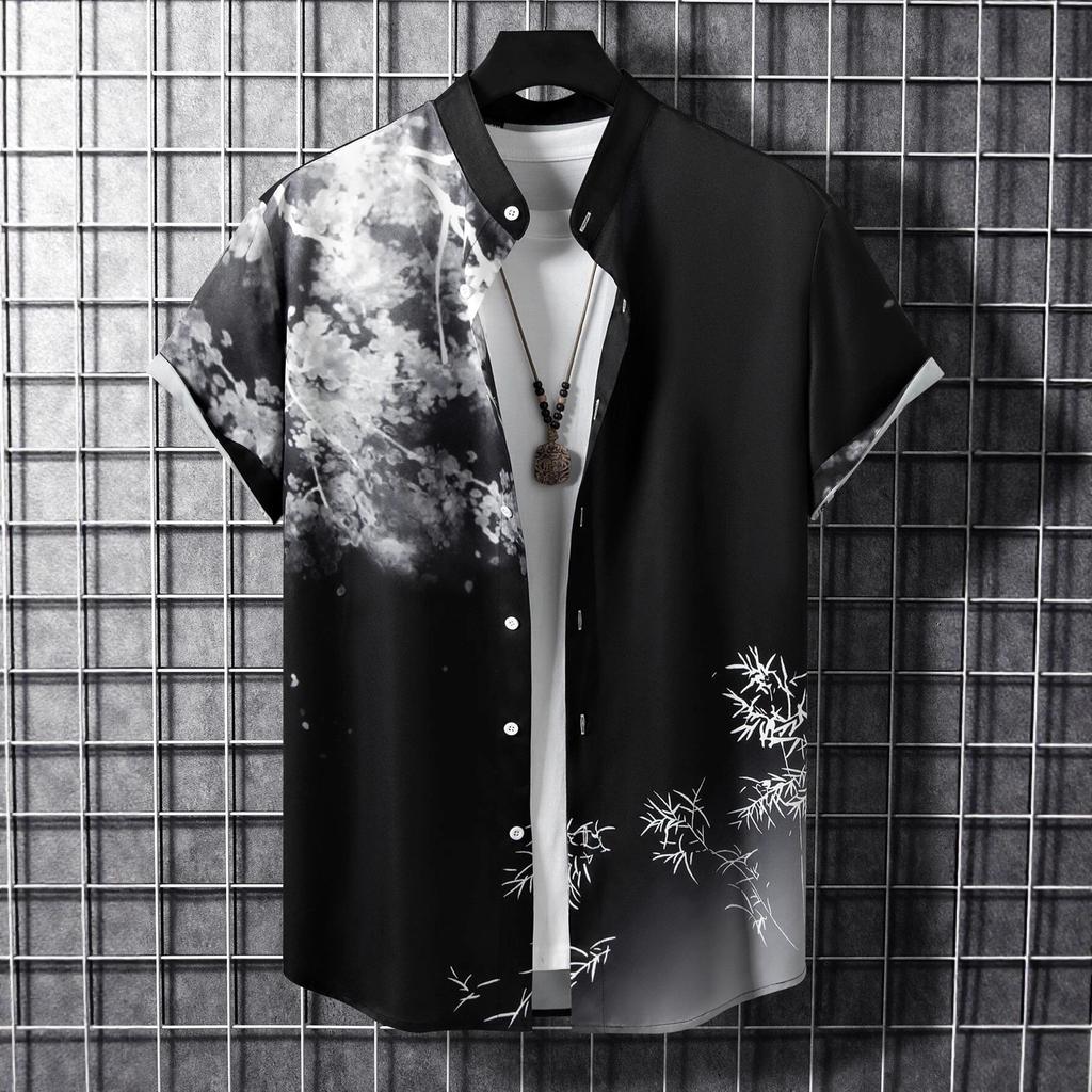 Summer men's shirt with landscape pattern, short-sleeved versatile shirt
