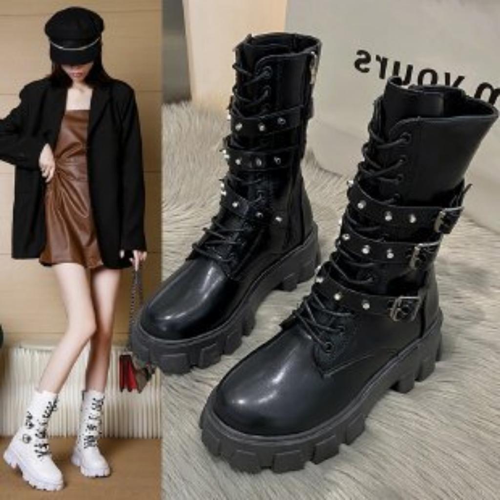 Autumn and winter punk lace-up thick-soled medium boots women's large-size knight boots long boots women