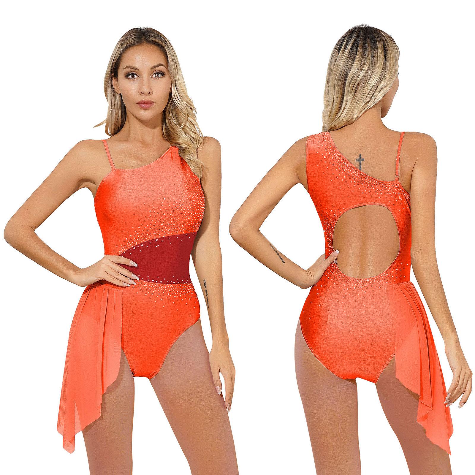 

Жіночий танцювальний костюм для фігурного катання з блискучими стразами і нестандартними плечима, боді без рукавів із кольоровими блоками XXL