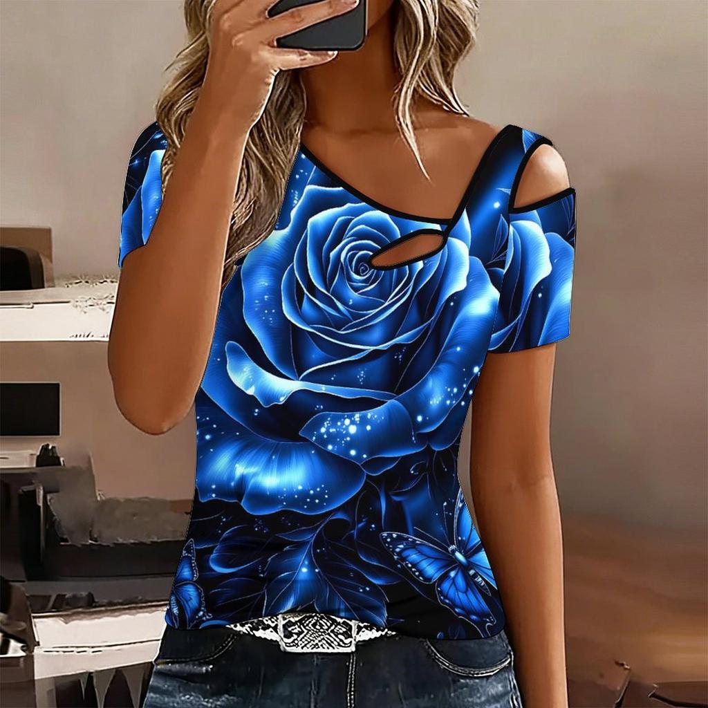 Women Butterfly Print Cold Shoulder Short Sleeve T Shirt Irregular Cutout Neck Casual Summer Blouse Top