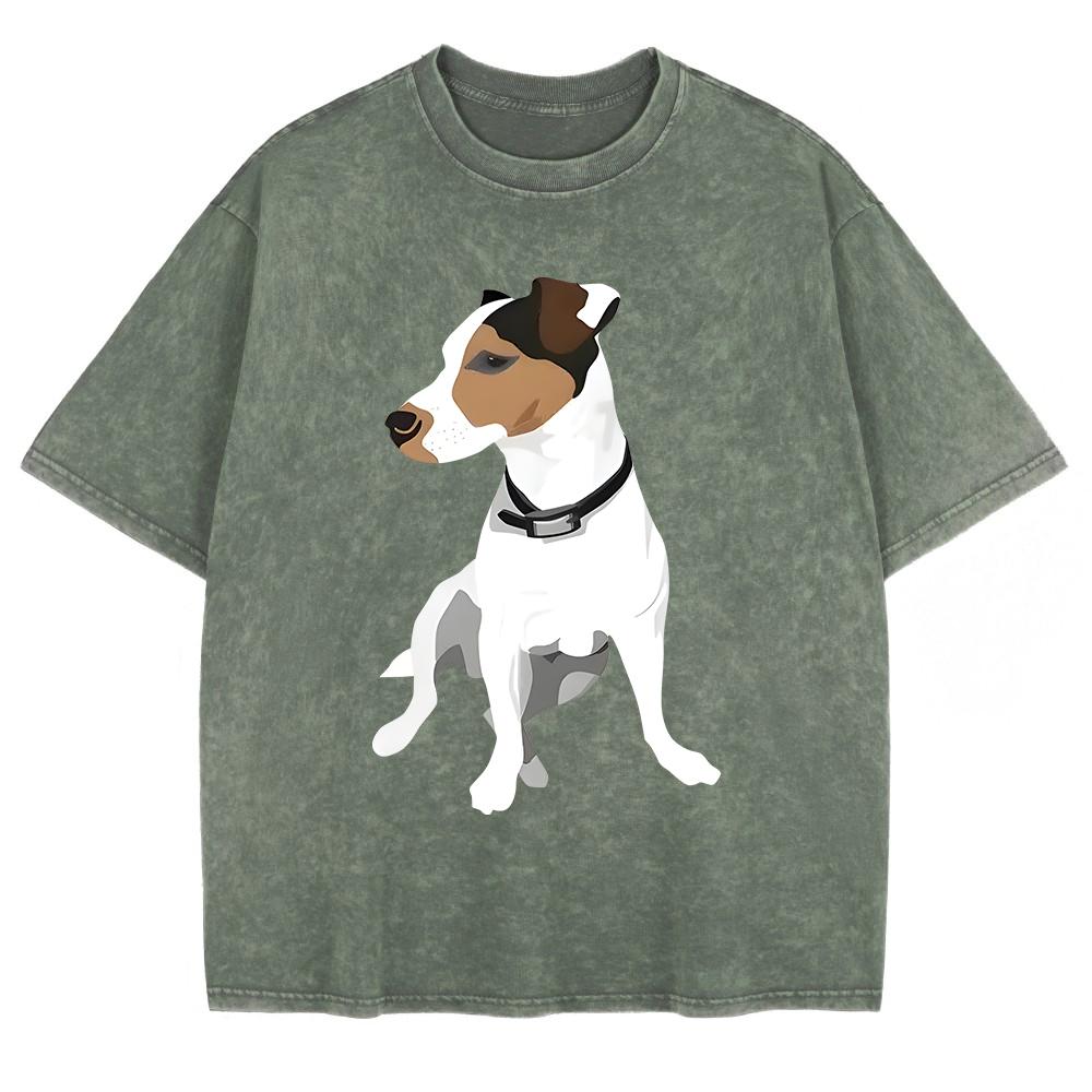 Russell Terrier Puppy Print Washed T-Shirts Mens Cotton Short Sleeve Tops Summer O-Neck Oversize T Shirt Basic Soft Clothes