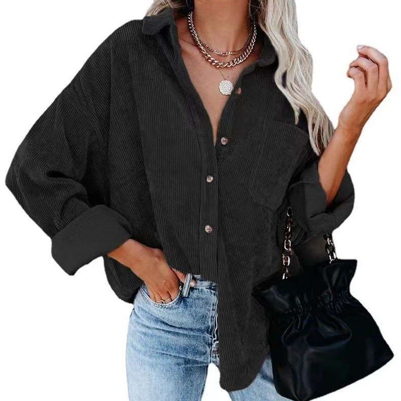 

Women s Women s Corduroy Casual Loose Pocket Long Sleeve Shi Black L