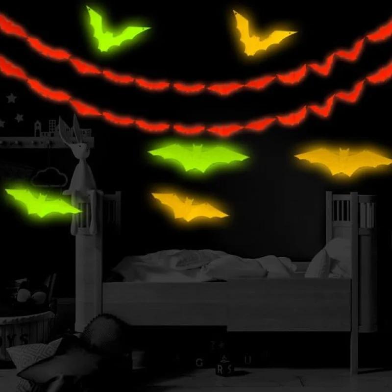 12 ks 3D netopýří nástěnné dekorace svítící ve tmě, Realistické voděodolné PVC duchové netopýři pro dveře a okna, Dekorace na halloweenskou párty