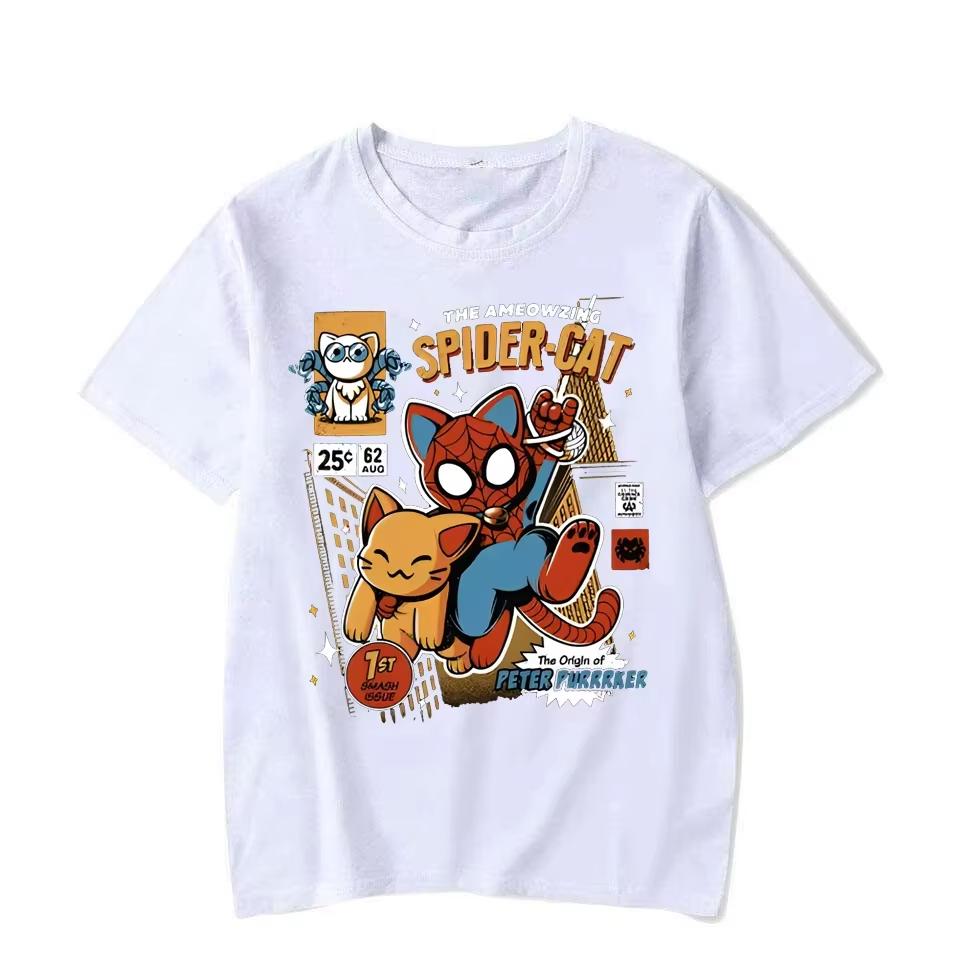 Sommer Neues Cartoon Spinne Katze Lustiger Druck Anime T-Shirt für Unisex Kurzarm O-Ausschnitt Baumwoll-Tees Lässig Locker Übergroße Oberteile