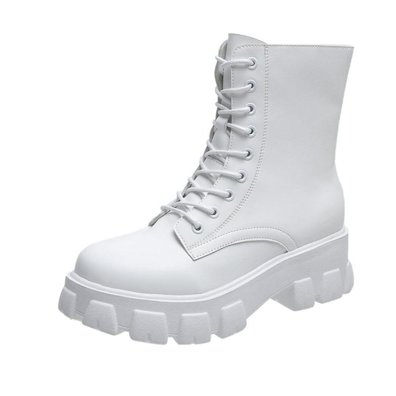2026 Boots Women  Autumn Winter PU Leather White Ankle Boots Motorcycle Female Chunky Heels Platform Boots