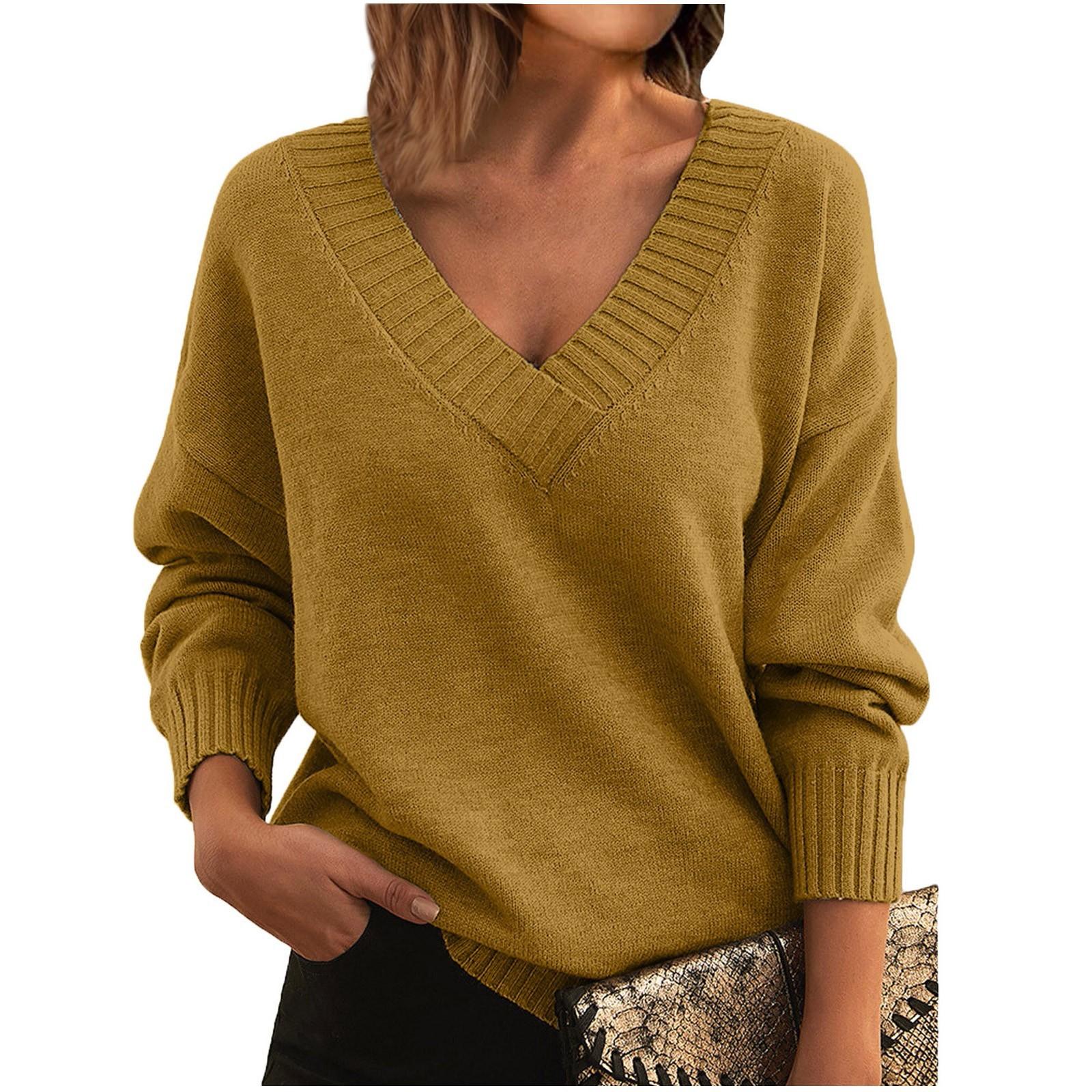 

Women s Fashion Casual Color Sweater Set Head V Neck Warm Long-sleeved Sweater XXXL жовтий