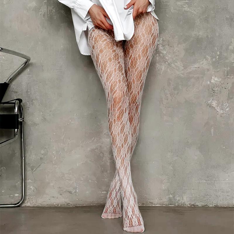 Kave High Elastic Black Hollowed Lace Fishnet Patterned Tights for Women Soft Nylon Solid Color Sweet Panyhose Toe Reinforcement
