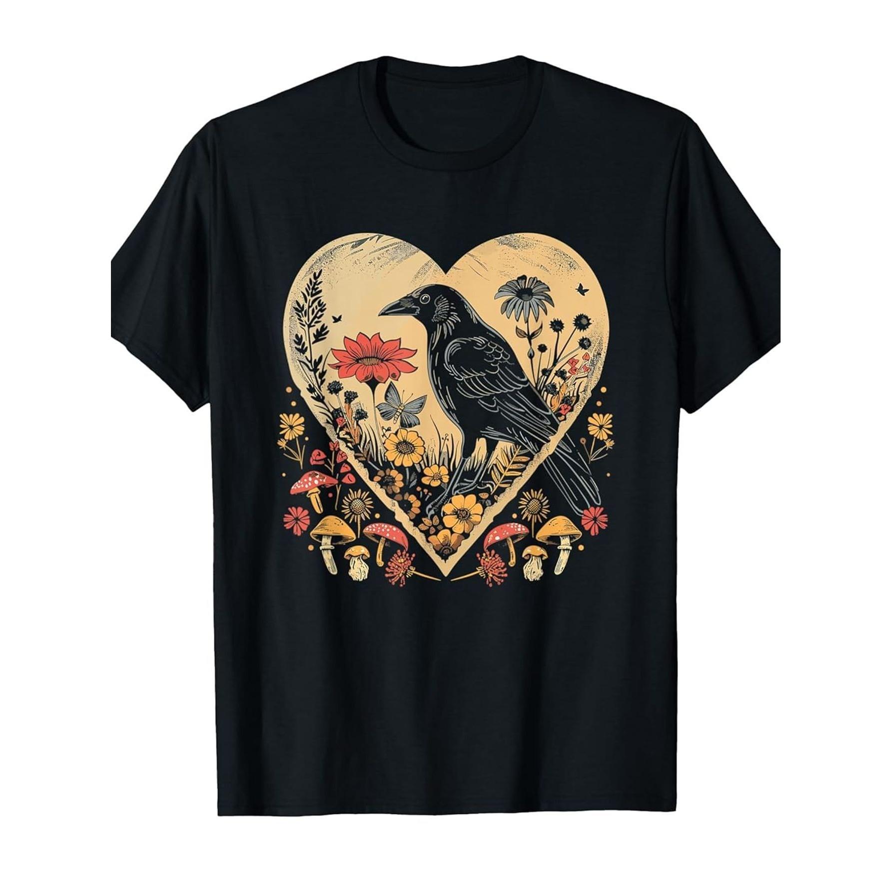 

Raven Heart Floral Cottagecore Graphic Tee Men s Vintage Black Crow Print Relaxed Fit Casual T-Shirt - Men s Summer Cotton Gr... S разноцветный