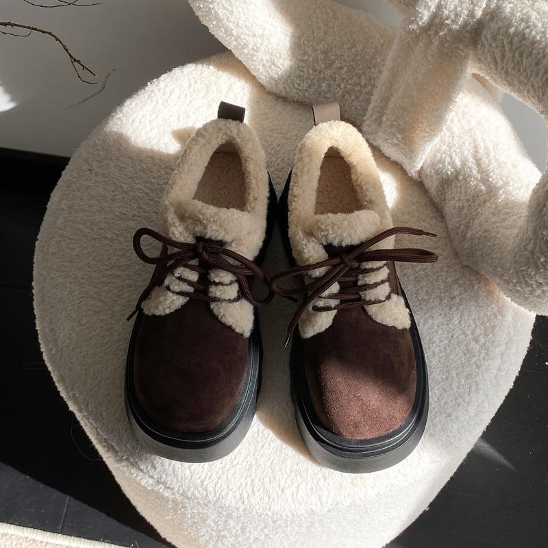 Vintage Women Fur Lining Pumps Shoes Comfrot Short Plush Lace Up Snow Shoes College Style Dress Thick Sole Mary Jane Shoes
