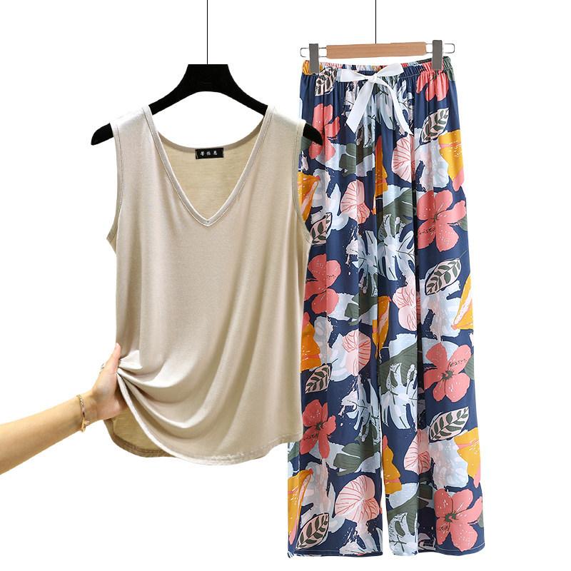 Lockere Modal-Pyjama-Sets Sommer V-Ausschnitt Tanktop und Florale Weite Hosen Lässiger Hausanzug ärmellos Loungewear Übergröße