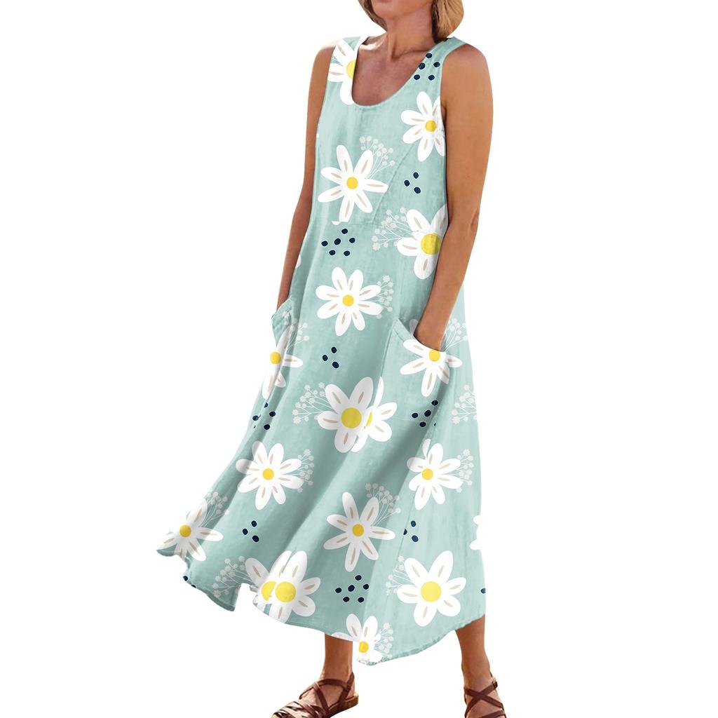 Vestido sin mangas para mujer Vestido de bolsillo con cuello redondo sin mangas estampado a la moda informal de verano para mujer