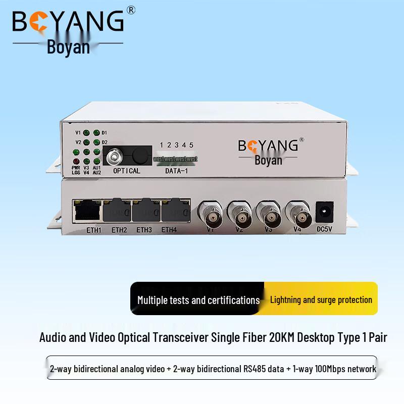 BOYANG 2-Ch A/V Data Ethernet Fiber Optic Transceiver Pair (20KM)