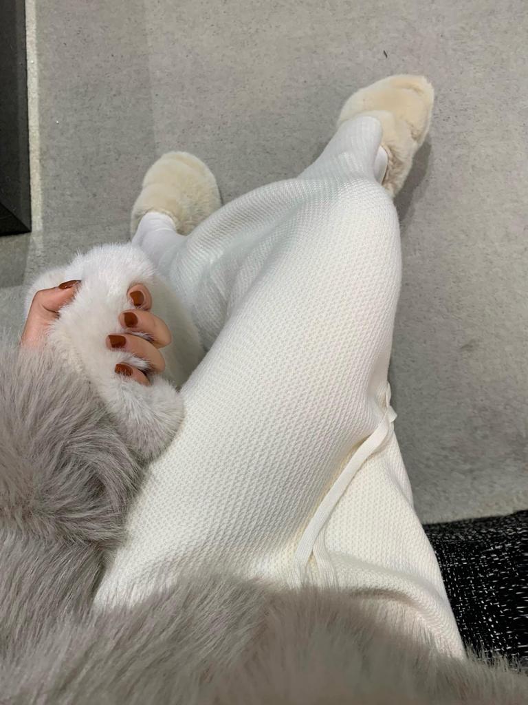 Women's High-Waist Fleece Knit Midi Skirt, Autumn/Winter 2025 Style: Thick, Loose, Drawstring, Straight Fit