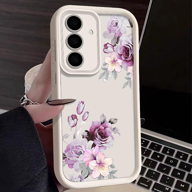 Purple Floral Print TPU Soft Phone Case For Samsung S25 Plus S24 FE S23 Ultra S22 A16 A15 A55 A56 A36 A35 A06 A05 A34 Matte Shockproof Bumper Cover