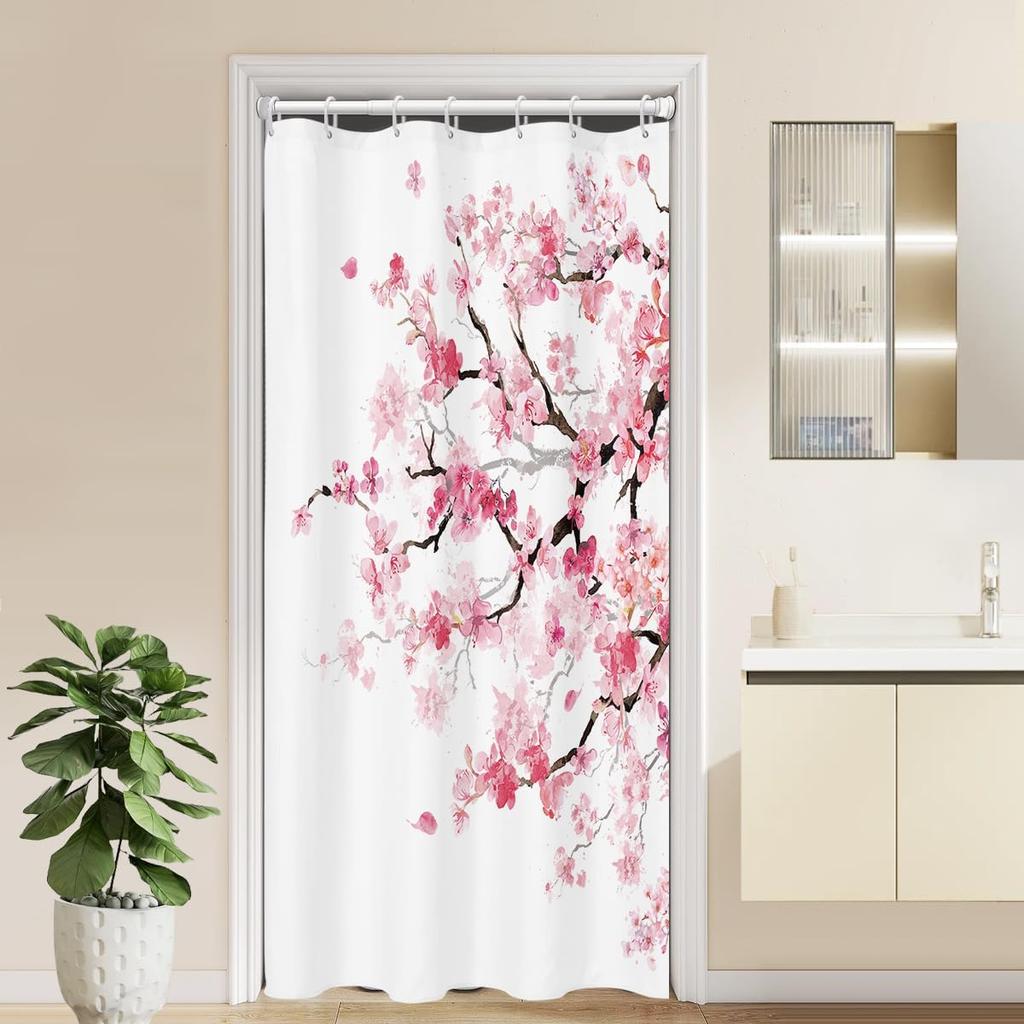 Shower Curtain Pink Cherry Floral Flowers Sakura Plum Blossom Japanese Asian Style Polyester Fabric 12 Pack Plastic Hooks