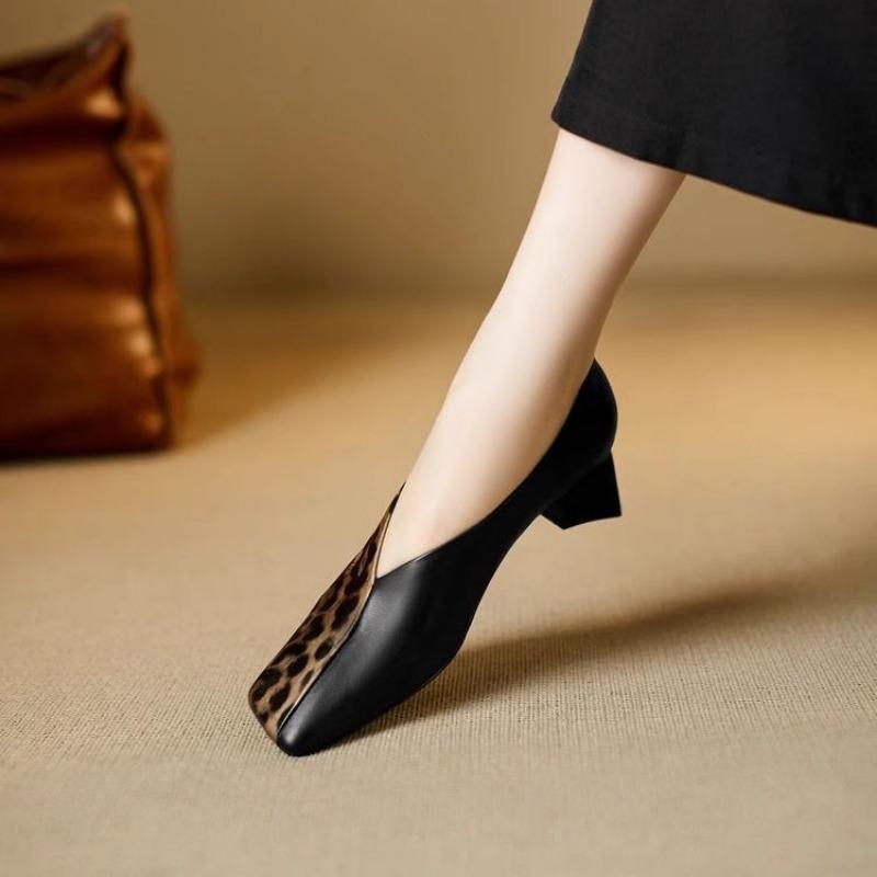 Cowhide Clear Goods Genuine Leather Retro Square Head Leopard Print Single Shoes Women's Spring and Autumn New Thick Heel Small Leather Shoes