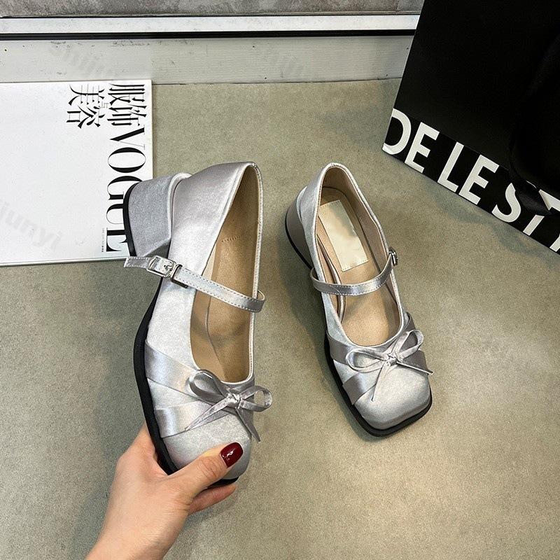 Fashion Women Shoes 2025 Spring Mary Jane Fashion Butterfly-knot Square Toe Satin Women's High Heels Buckle Elegant Pumps Shoe Wedding