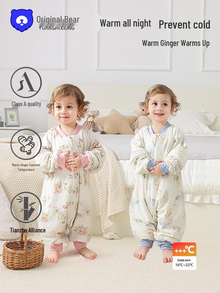 Infant Split-Leg Warm Bamboo Cotton Sleeping Bag - Anti-Kick, Lightweight, Ideal for Spring/Autumn, Ginger Color