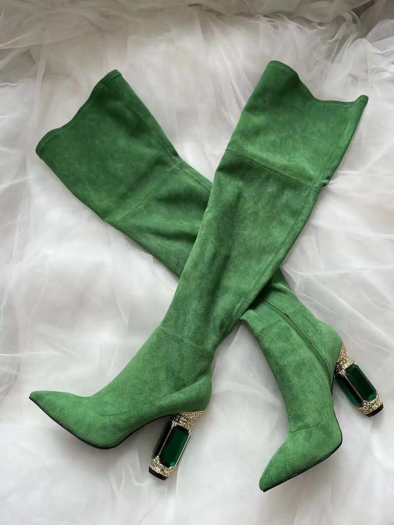 Mode Schwarz/grün Grüner Edelstein Absatz Stiefeletten Wildleder High Heel Stiefel Spitz Zehenbereich Seitenreißverschluss Mode Damenschuhe Kurz-/Langstiefel