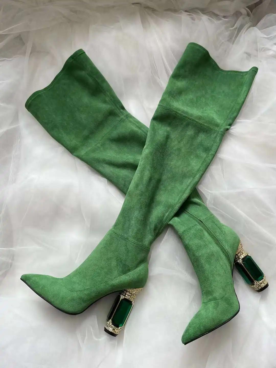 

Модные черные/зеленые ботильоны на каблуке с драгоценным камнем, замшевые ботинки на высоком каблуке, с острым носком и боковой молнией, модная женская обувь, короткие/длинные ботинки 39