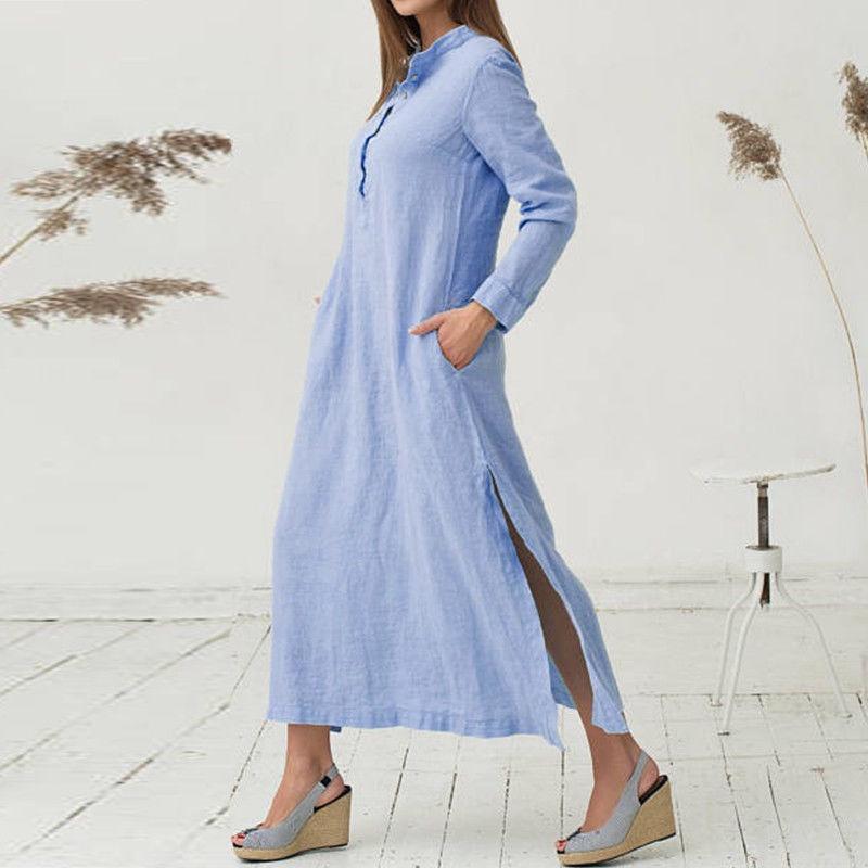 Luxusní dámský kaftan Bavlna Dlouhý rukáv Jednobarevný Ležérní Oversized Maxi košilové šaty