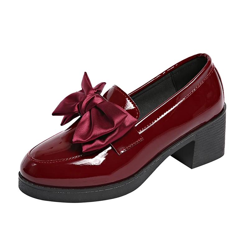 

Fashion Fashion Bowknot Chunky Heels Pumps Women Patent Leather Platform Loafers Woman Elegant Slip On High Heels Dress Shoes Plus Size 42 красный