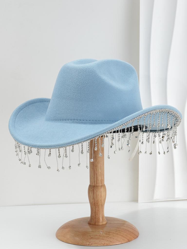 Women's Bridal Rhinestone Tassel Cowboy Hat Bachelorette Party Photo Prop Felt Hat White Party Hat for Bridesmaid Gift