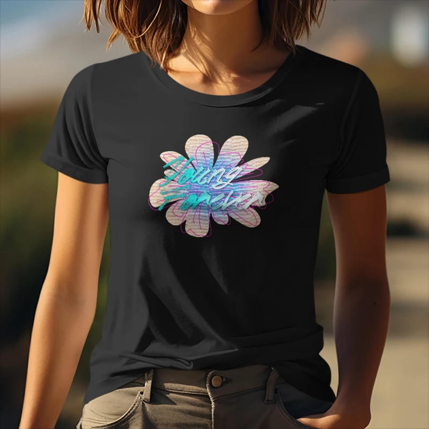 

Summer Womens Short Sleeve Cotton T Shirt Shining Forever Daisy Print for Casual Parties Young Women with a Radiant Style S чёрный