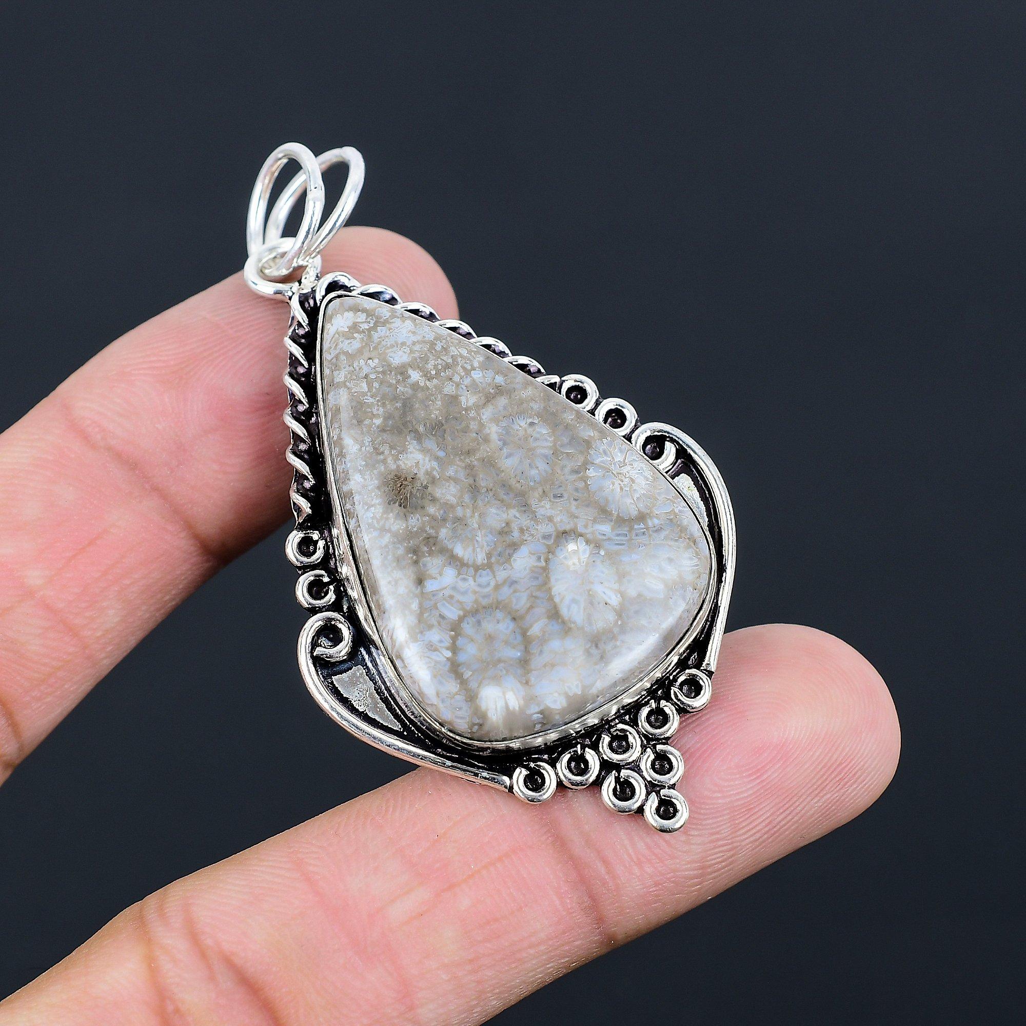 Pear Fossil Coral Gemstone Wife Wedding Bezel Engagement Boho Pendant 925 Silver