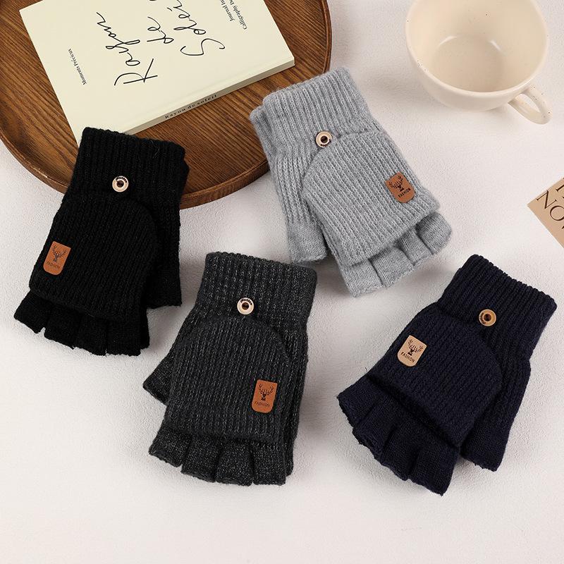 Adult Winter Knit Plush Half-Finger Flip-Top Touchscreen Cycling Gloves for Writing