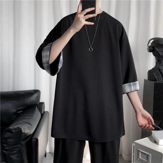 Men T-shirt Plaid Patchwork O-Neck 3/4 Sleeve Solid Color Streetwear Spring Summer Loose Tee Top Men Clothes