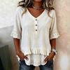 Damen Beige V-Ausschnitt Knopfleiste Rüschenbesatz Kurzarm Lässige Tunika Bluse