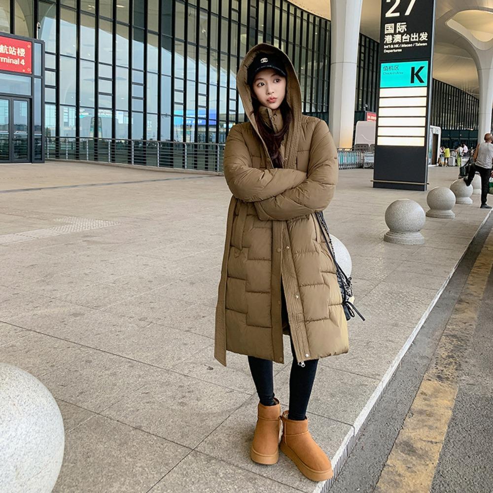 

New autumn and winter medium and long temperament slim knee thickened coat cotton coat M хаки