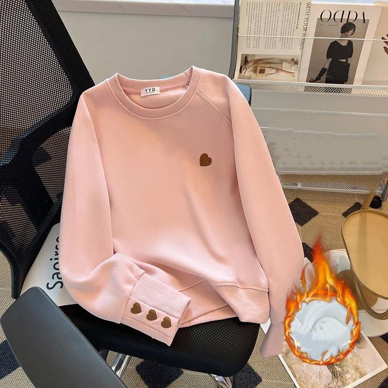 

Autumn Winter New Womens Loose Hoodie Fleece Lined Thick Warm Casual Fashion Simple Versatile Crew Neck Top L рожевий