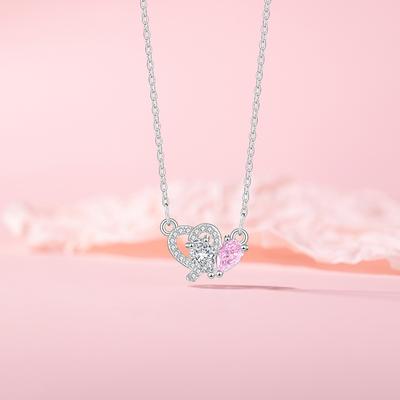 Original Design Pink Zirconium Love Necklace Jewelry Femininity Light Luxury Heart-to-Heart Stainless Steel Clavicle Chain Sweet
