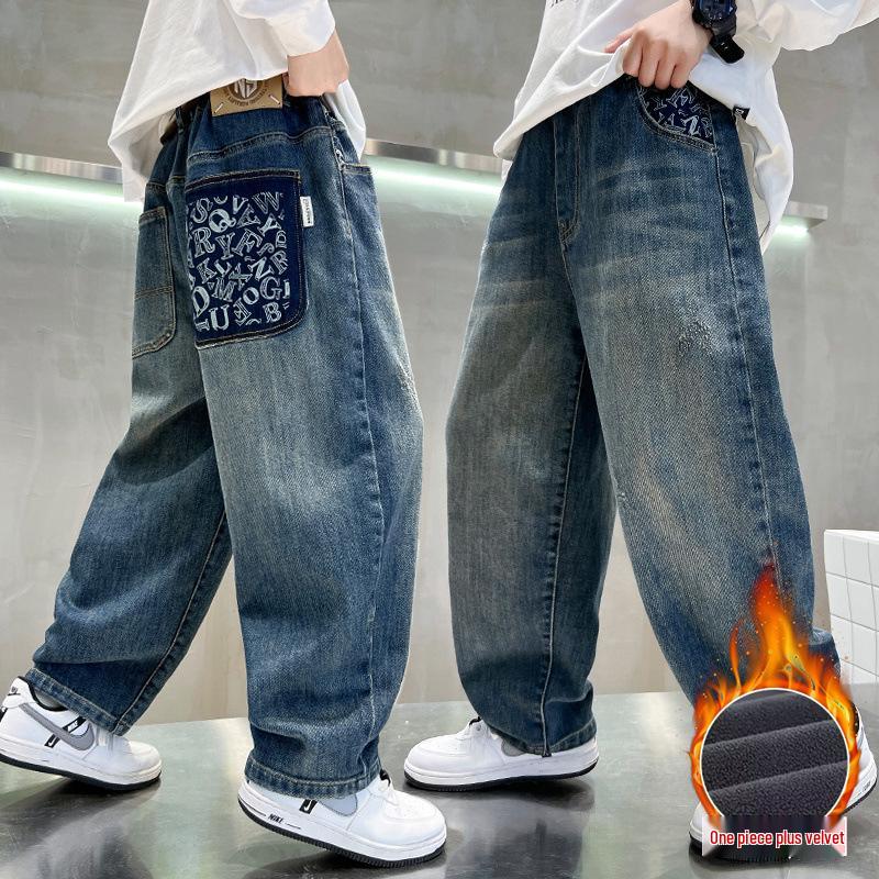 Boys' Fleece-Lined Casual Jeans - Autumn/Winter 2025 Trendy Style for Middle and Big Kids