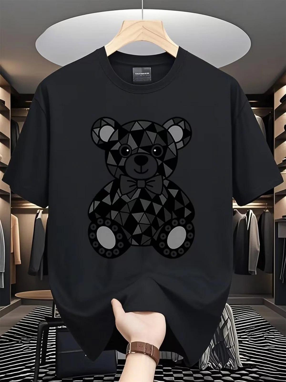 Men s Geometric Bear T-Shirt and Black Modern Printed Pattern, Round Neck, Unise XXXL