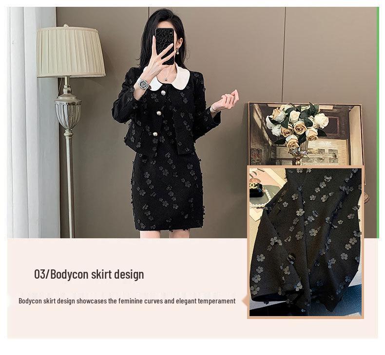 Autumn Black Socialite Style Two-Piece Petal Dress: Chic & Fashionable High-End Short Set