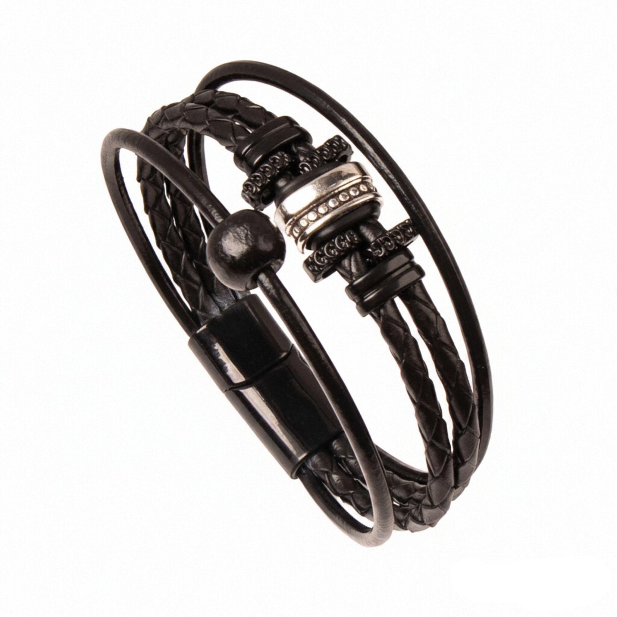 Men s Multi-Layer Leather Bracelet, Braided Band with Rhinestone Metal Beads, Magnetic Clasp, Punk Style