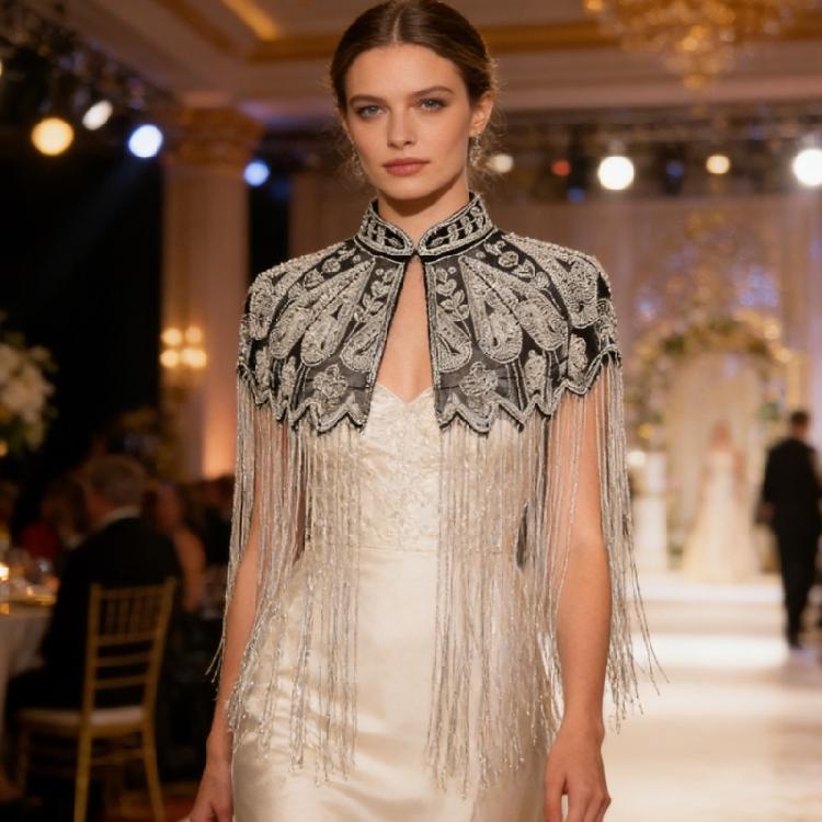 Mantelle Metalliche Filettate con Perline Coprispalle Elegante Accessorio Costume Per Eventi Festivi e Serate