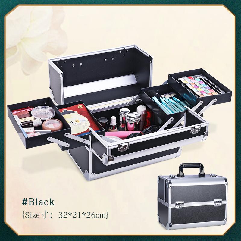 Professional Large Makeup Train Case 4 Trays Cosmetic Cases, Large Makeup Storage Organizer Box with Lock Aluminum Frame