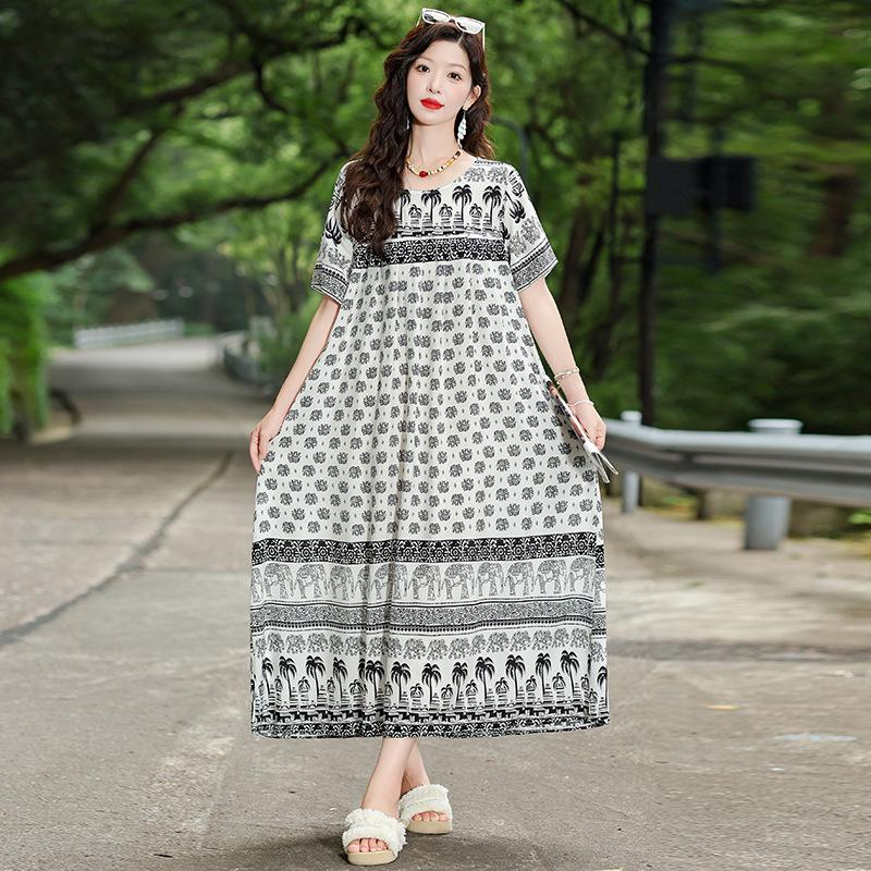 New Bohemian ethnic style short-sleeved summer cotton and silk dress loose fashion large size artificial cotton long skirt