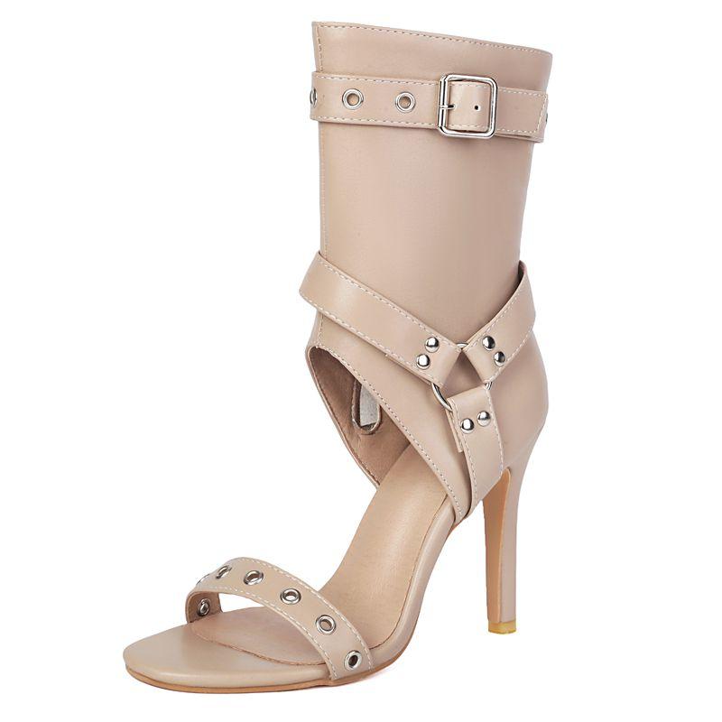 

2025 Новый Дизайн Женские Сандалии Тонкий Каблук 10,5 см Застежка-Молния Ремень Пряжка Металлический Декор Большой Размер 45 46 47 48 Сексуальная Вечерняя Обувь 35 абрикосовый