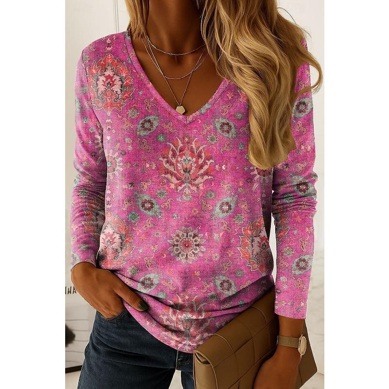 Vintage Women's T-Shirt Graphic Paisley Elegant Fashion Tee Long Sleeve T-shirts V-Neck Regular Tops Pullover Fall Winter