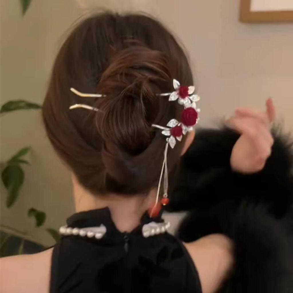 Red Camellia Tassel Hair Clips for Bridal Updo or Evening Gown