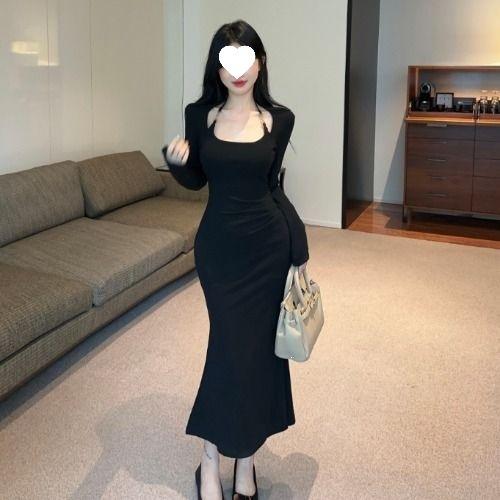 French design sense neck red dress women's autumn waist and thin hips fishtail dress long sleeve temperament long dress