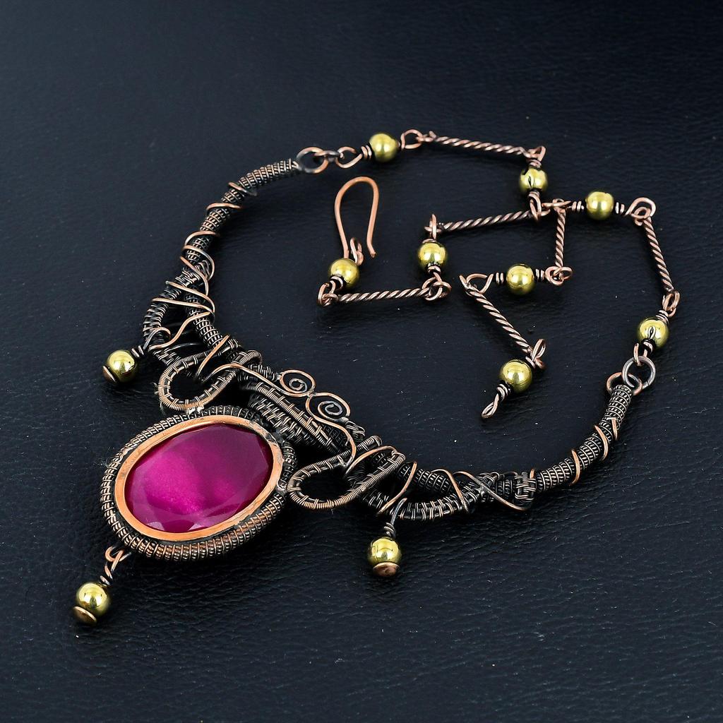 Ruby Necklace, Handmade Gemstone Necklace, 999 Copper Wire Wrapped Necklace Antique Jewelry